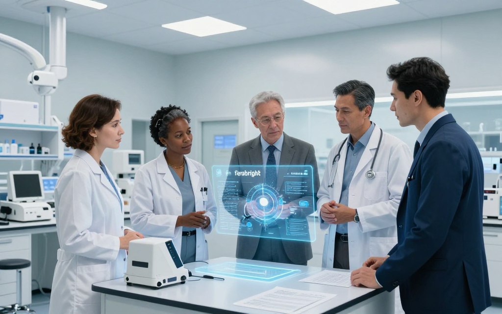 A detailed, professional scene showcasing the Ferabright Safety Profile in a clinical setting. In the foreground, a diverse group of healthcare professionals (two men and two women of different ethnicities) in smart business attire, attentively discussing a holographic display of Ferabright's safety data. In the middle, a sleek, modern table with high-tech devices and documents highlighting safety protocols. The background features a well-lit, contemporary laboratory with advanced medical equipment, sterile environments, and bright, clean colors. The lighting is bright yet soft, creating a calm and focused atmosphere. Use a wide-angle lens perspective to capture the interaction and details, enhancing the professional and innovative mood of the image.